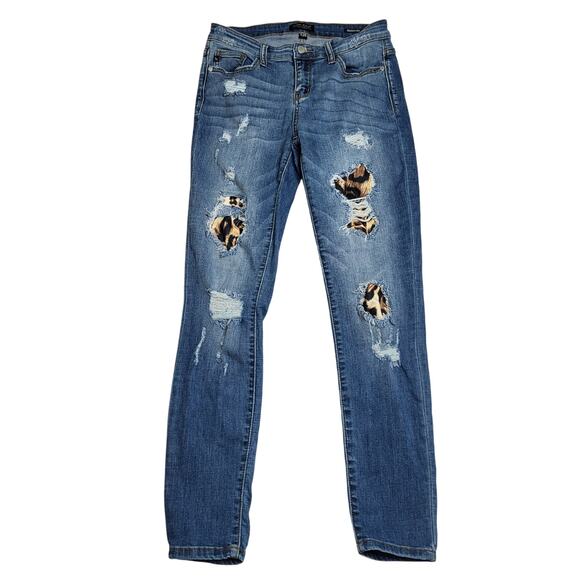 Judy Blue Y2K Leopard Print Patch Distressed Ripped Skinny Fit Rolled Jeans 7/28 - Picture 2 of 12